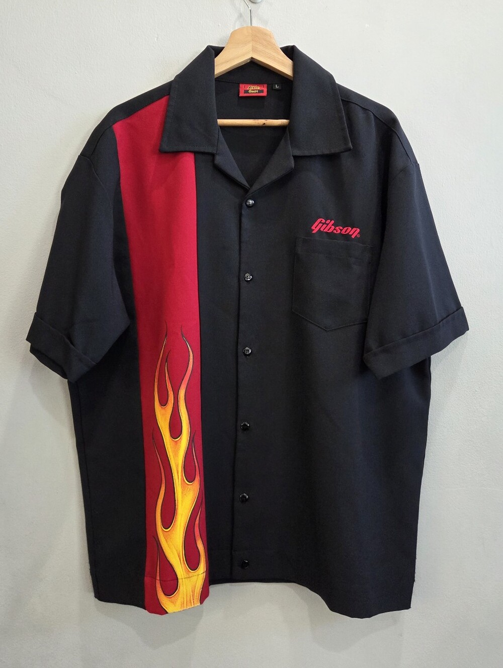 Vintage Y2K Axle Gear Gibson Bowling Shirt Black Flame Graphic 🔥 Men's Large